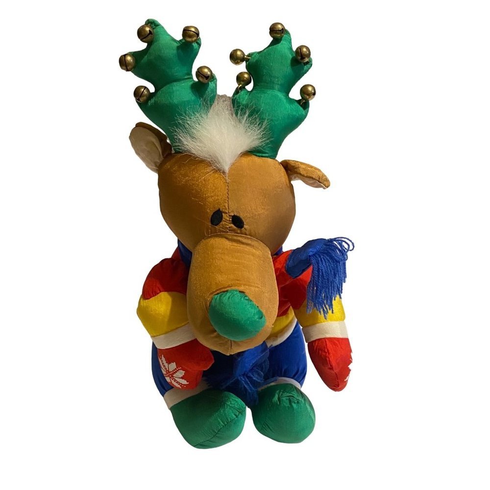 Vintage RARE Nylon Christmas Stuffed Moose Reindeer Plush Toy Jingle Bells 12"